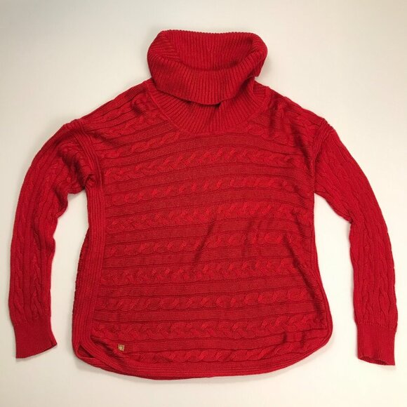 RALPH LAUREN RED Cotton Blend Large Cowl Knit Cable Sweater - Picture 2 of 7